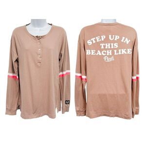 2/$30 PINK Victoria's Secret Y2K Beach Logo Long Sleeve Henley T-shirt Top VS